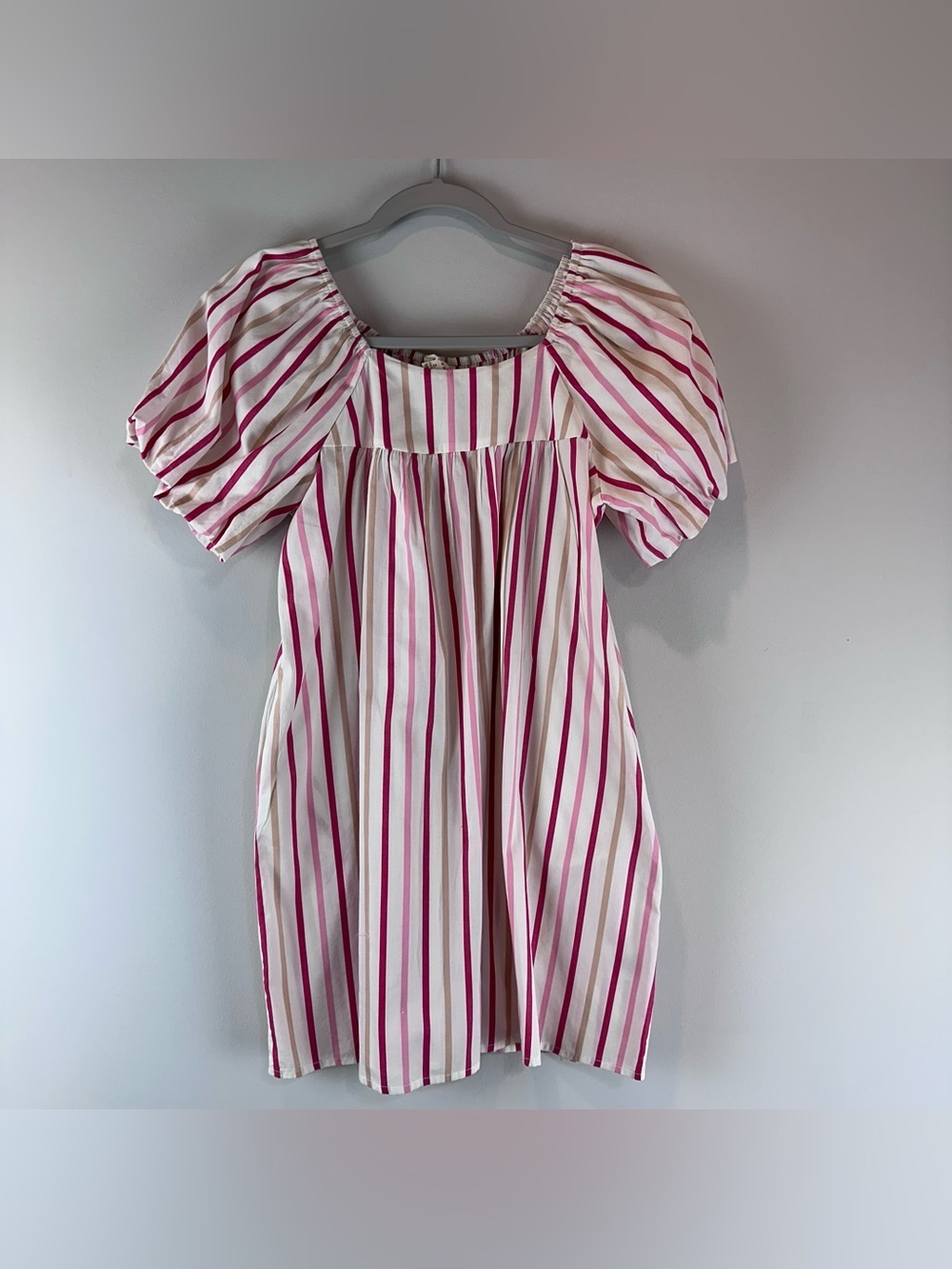Copper Key Pink Tan White Stripe Puff Sleeve Casual Dress Size Large 12/14